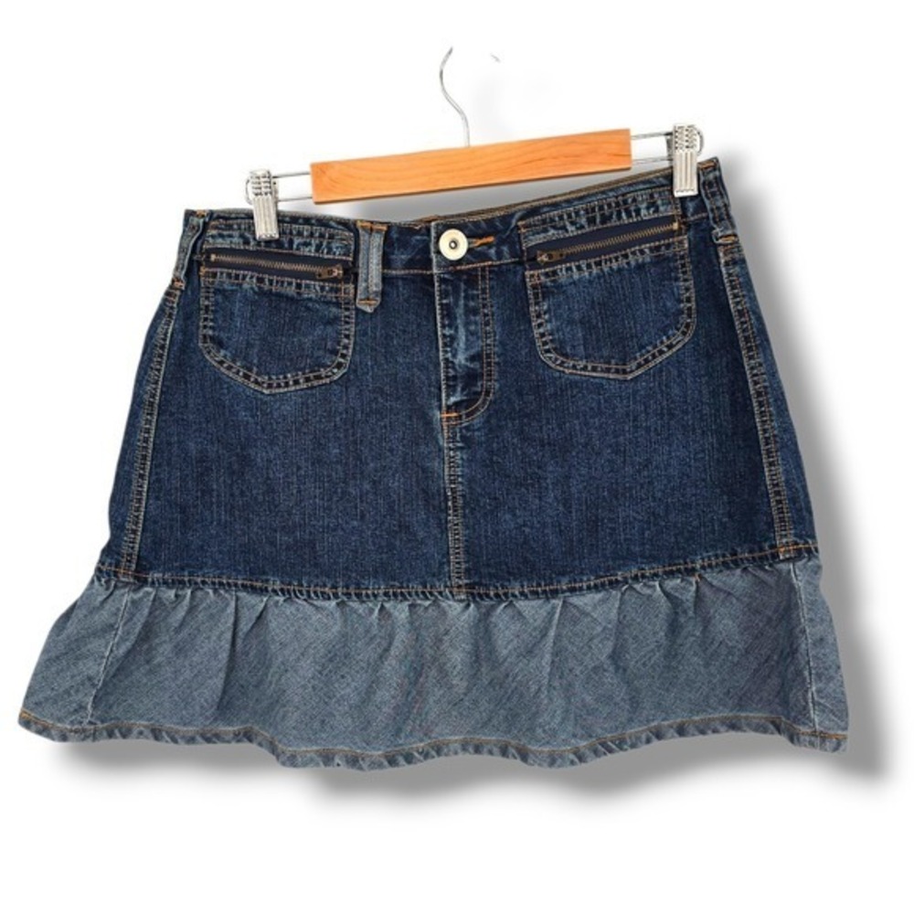 Baccini Denim Mini Skirt Ruffle Hem‎ Y2K Pockets Dark Wash Size 10